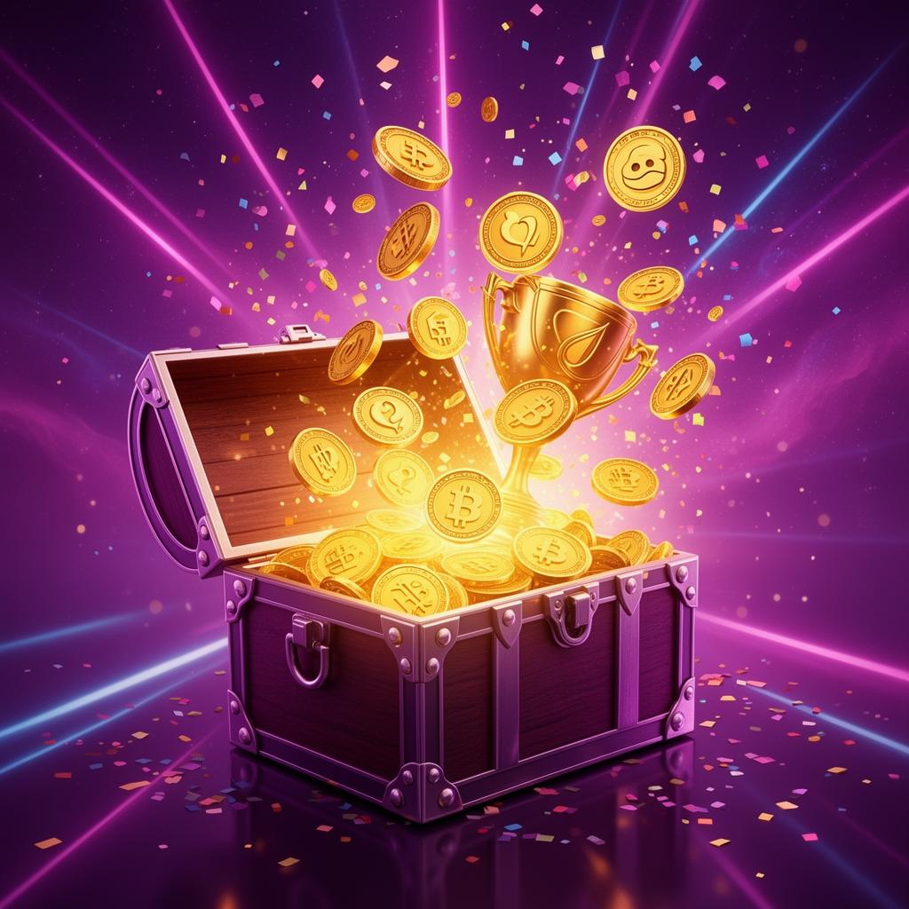 Treasure chest bursting open with golden memecoins and confetti